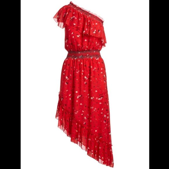 Joie Hafsa One Shoulder Asymmetrical Midi Dress Ruched Patterned sz M - Picture 2 of 13